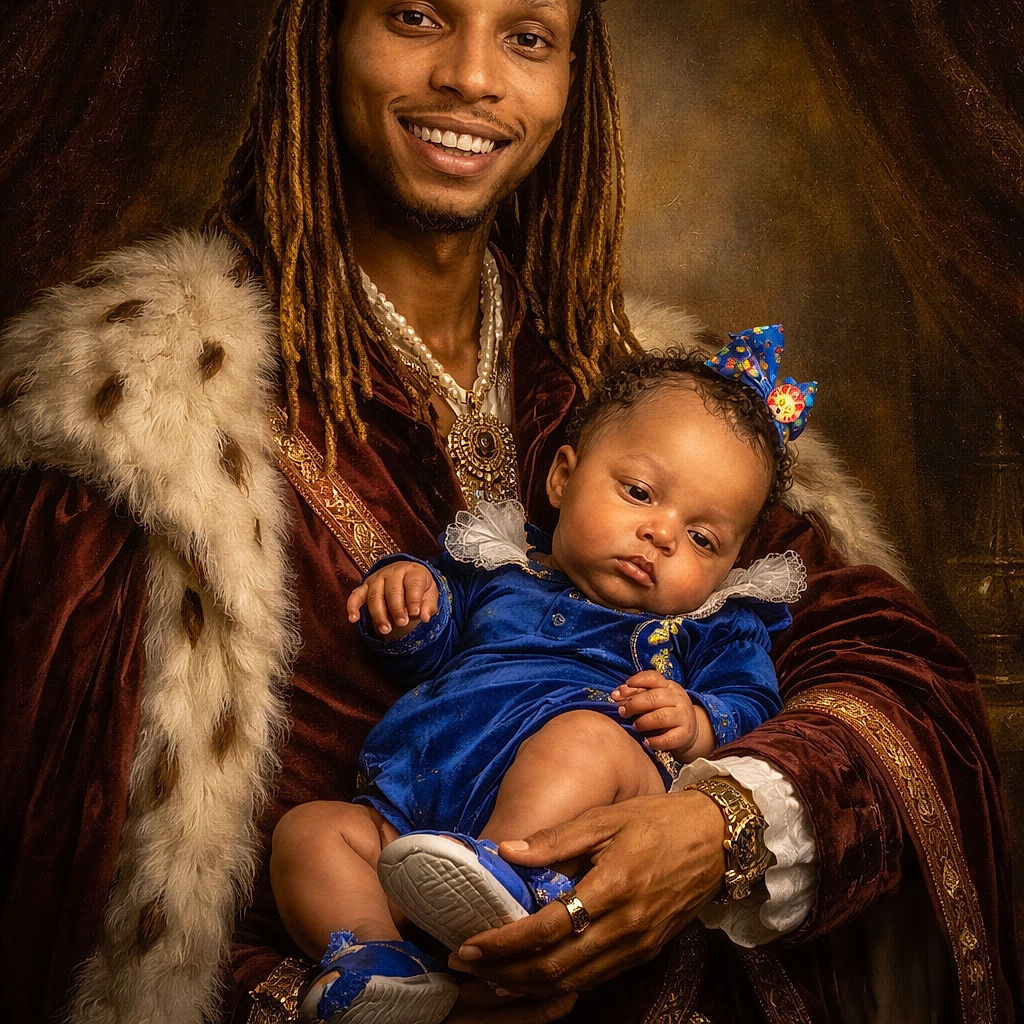 A smiling man with dreadlocks and a backwards cap proudly cradles a tiny, mildly suspicious baby in a bright blue outfit — backyard trees and a chain-link fence provide the sun-dappled, slightly squirrelly backdrop while the baby's little sandal and bow add accidental drama.