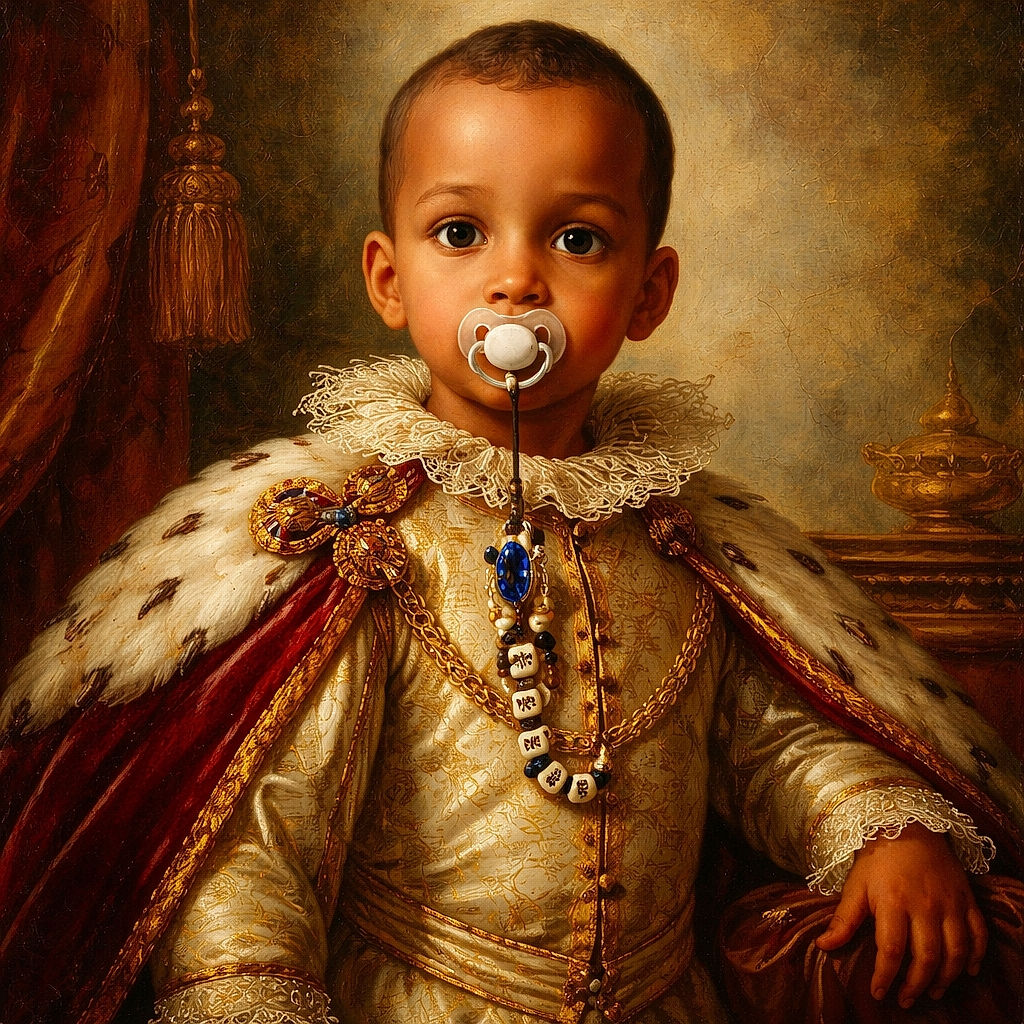 A pint-sized road warrior sits confidently on a bright red ride-on bike, pacifier firmly in place like a tiny steering wheel lock and a string of beads dangling down the chest — stare of absolute determination from big brown eyes as if plotting the next living-room grand prix.