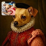 A small dog wearing a fluffy pink outfit with red trim is lying on a bed with patterned sheets, looking curiously to the side. The background includes soft toys and blankets, creating a cozy indoor scene.