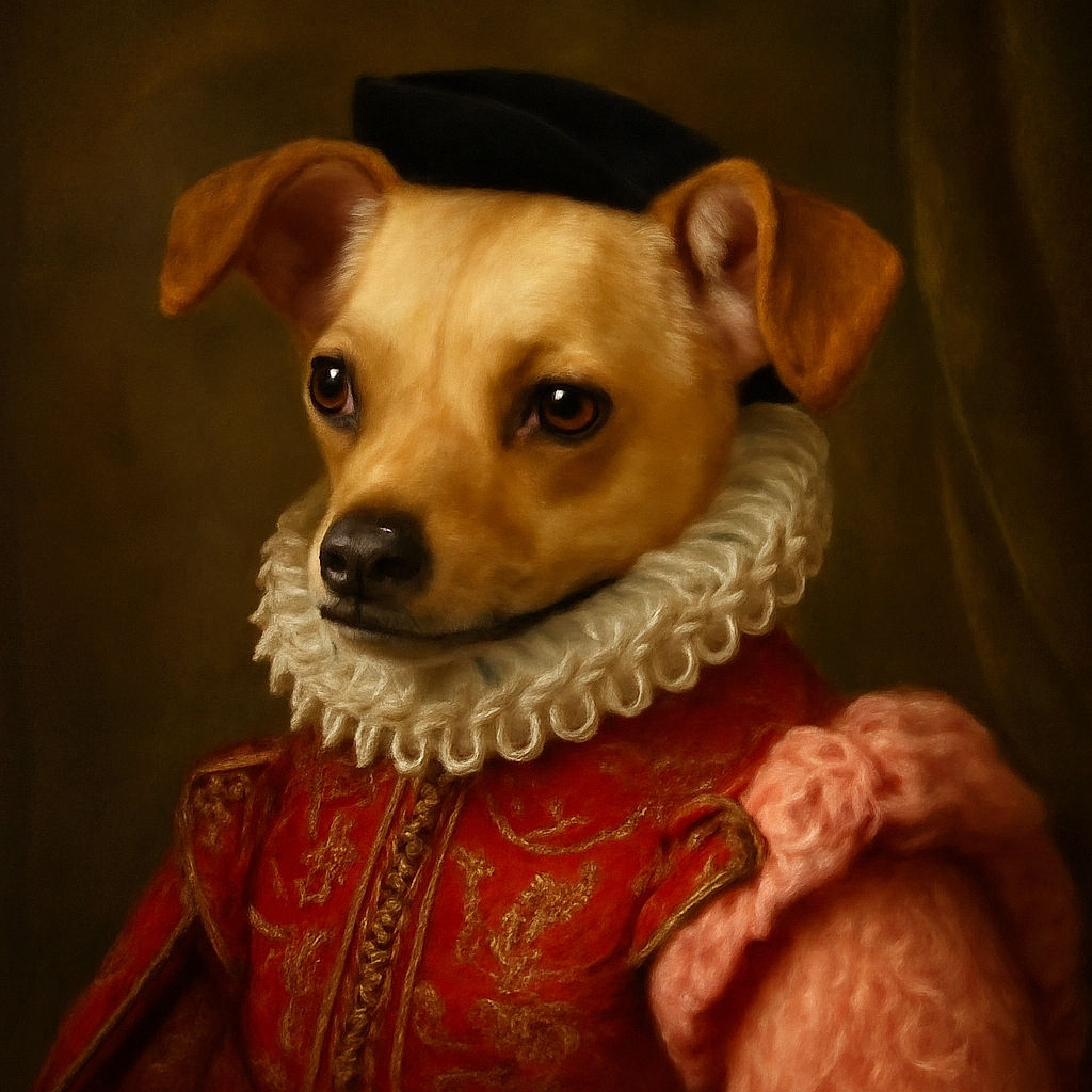 A small dog wearing a fluffy pink outfit with red trim is lying on a bed with patterned sheets, looking curiously to the side. The background includes soft toys and blankets, creating a cozy indoor scene.