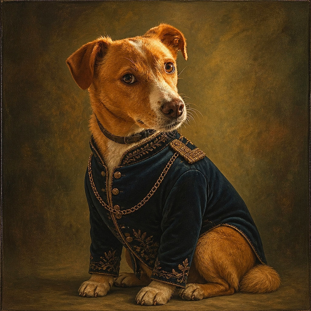 A soulful brown-and-white dog fills the frame with enormous curious eyes, a wonderfully boopable nose, and the serious expression of a canine philosopher contemplating the meaning of treats. Warm window light highlights its fur while a cozy indoor background fades into a soft blur.