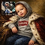 A curious toddler in a Levi's hoodie sits in a stroller, looking up with a tilted head and wide eyes, while an adult with ripped jeans stands nearby on a textured pavement under warm lighting.