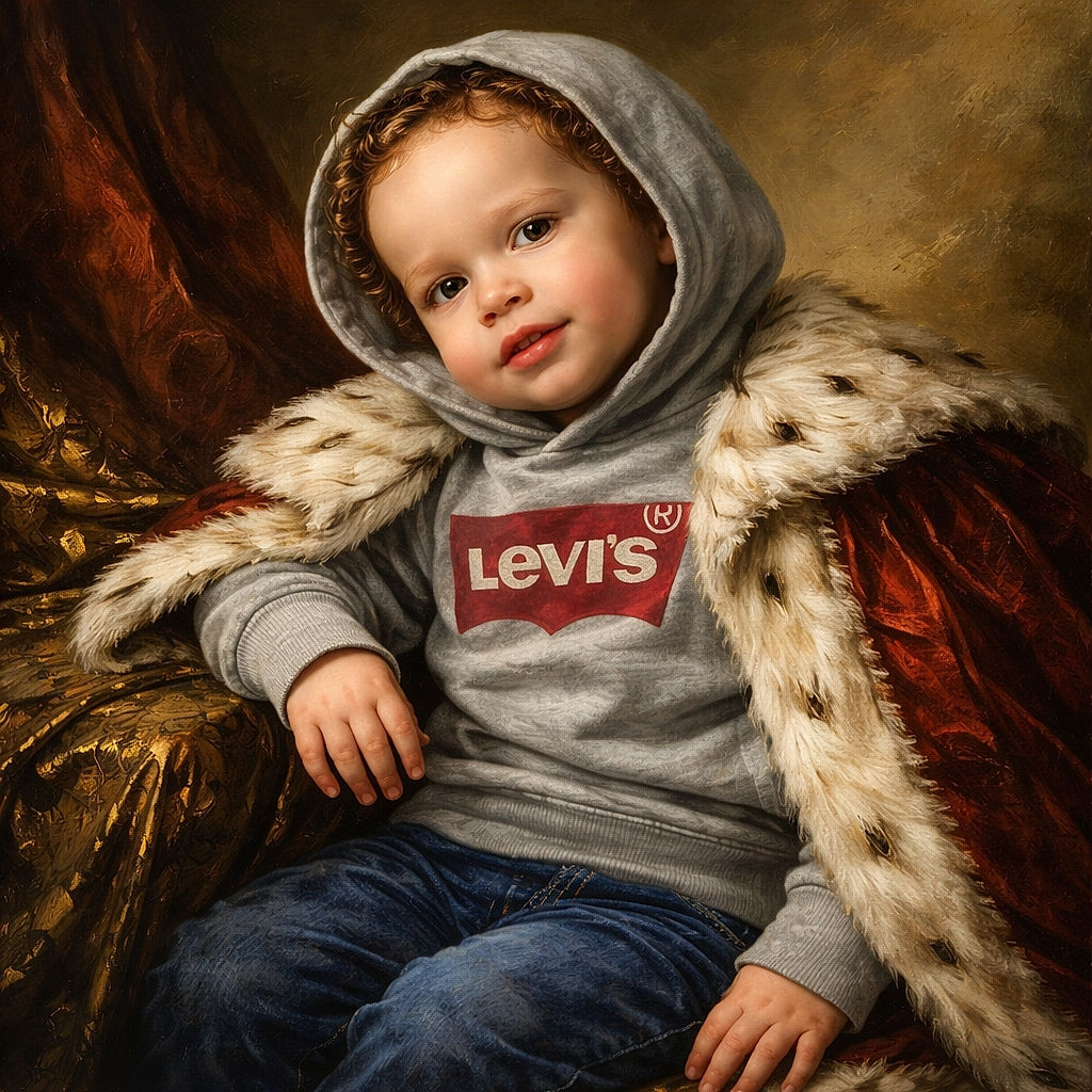 A curious toddler in a Levi's hoodie sits in a stroller, looking up with a tilted head and wide eyes, while an adult with ripped jeans stands nearby on a textured pavement under warm lighting.