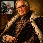 A cozy holiday moment with an older man holding a wide-eyed baby with a pacifier, both framed by a decorated Christmas tree in the background, capturing warmth and family joy.