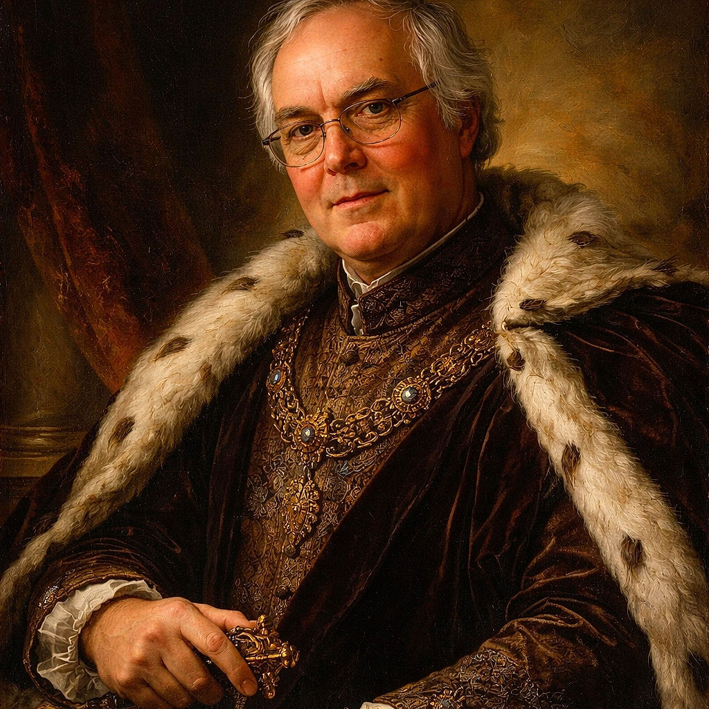 A cozy holiday moment with an older man holding a wide-eyed baby with a pacifier, both framed by a decorated Christmas tree in the background, capturing warmth and family joy.