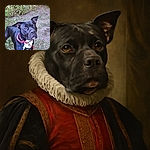 A curious black dog with a shiny coat and a red collar stands alert on a patch of grass and dirt, with a leafy green bush in the background. The dog’s ears are perked up, and it looks ready for an adventure or a game of fetch.
