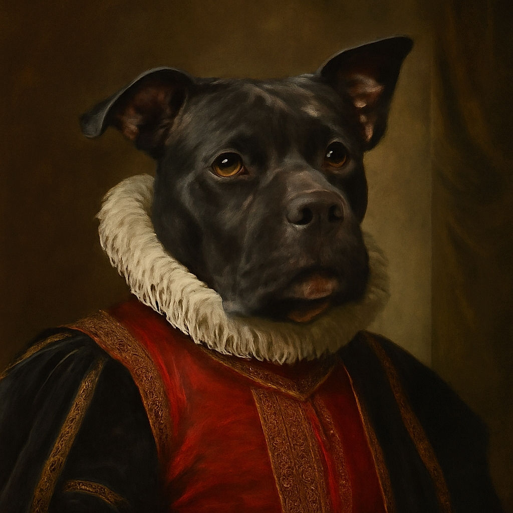 A curious black dog with a shiny coat and a red collar stands alert on a patch of grass and dirt, with a leafy green bush in the background. The dog’s ears are perked up, and it looks ready for an adventure or a game of fetch.