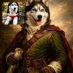 A stunning Siberian Husky with piercing blue eyes lounges happily on a sunlit garden path, wearing a bright red harness that contrasts perfectly with its black and white fur. The background is a beautiful blur of colorful flowers and greenery, adding a dreamy, peaceful vibe to this portrait of canine contentment.