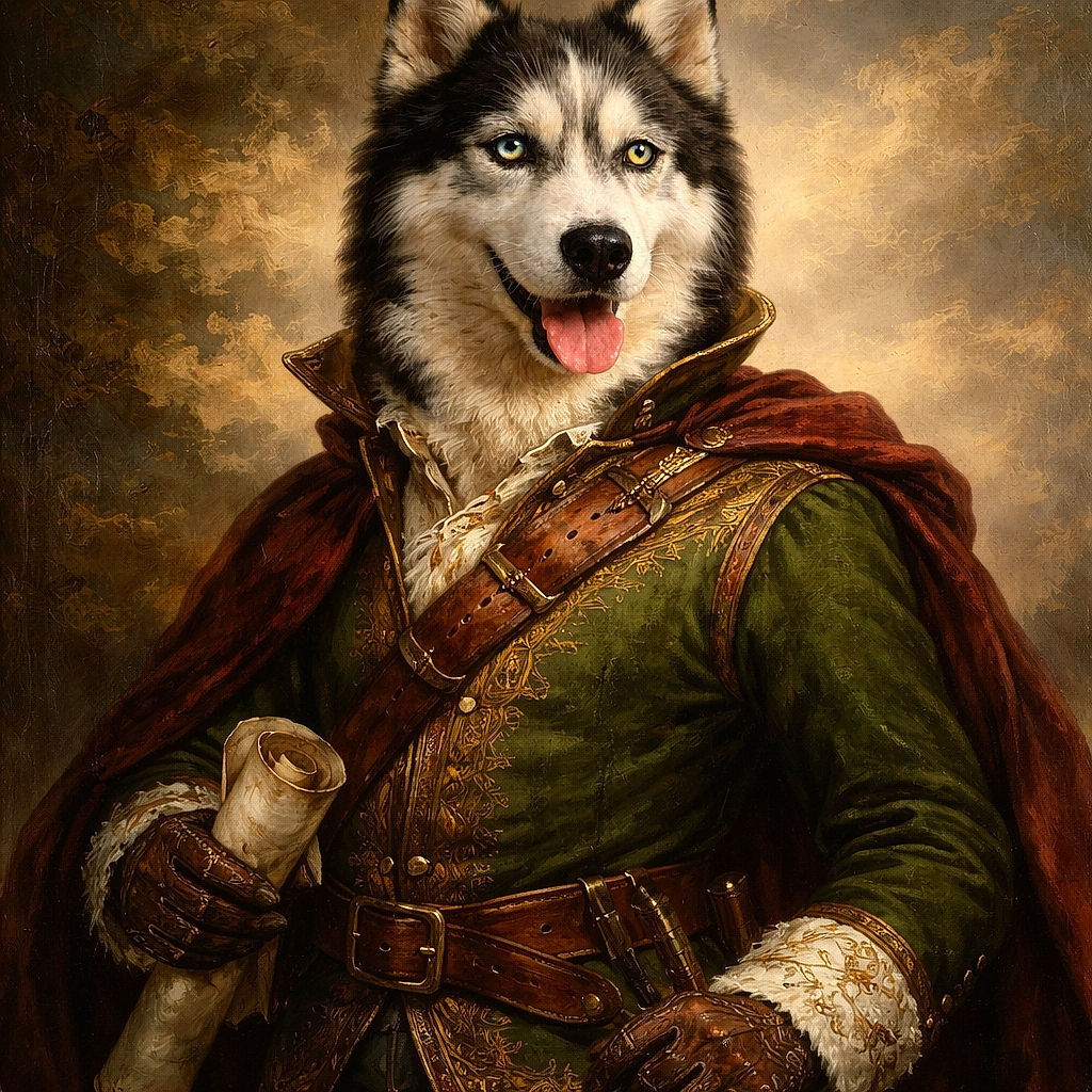 A stunning Siberian Husky with piercing blue eyes lounges happily on a sunlit garden path, wearing a bright red harness that contrasts perfectly with its black and white fur. The background is a beautiful blur of colorful flowers and greenery, adding a dreamy, peaceful vibe to this portrait of canine contentment.