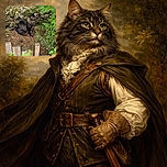 A fluffy dark tabby cat sits attentively in a garden patch surrounded by green foliage and a rustic wooden fence. The natural light highlights the cat's fur texture and the greenery, creating a peaceful outdoor scene.