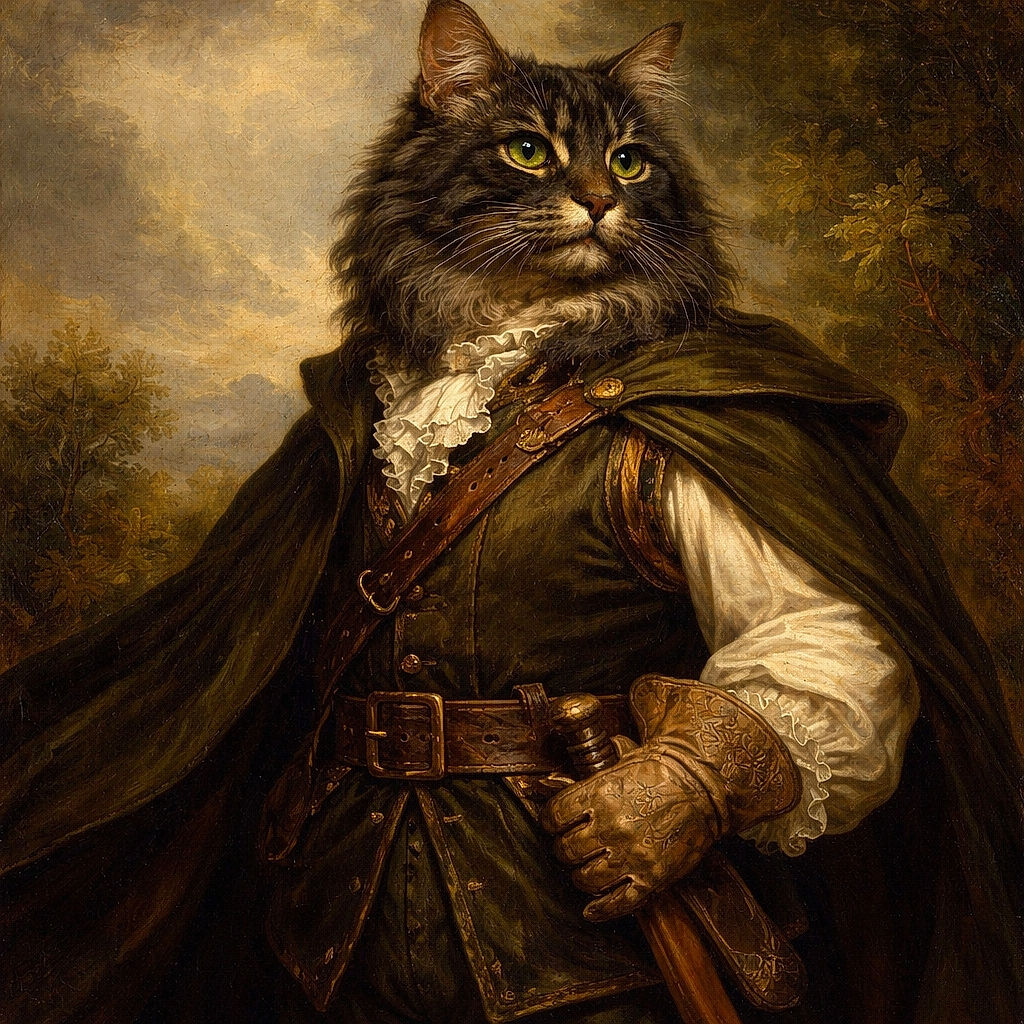 A fluffy dark tabby cat sits attentively in a garden patch surrounded by green foliage and a rustic wooden fence. The natural light highlights the cat's fur texture and the greenery, creating a peaceful outdoor scene.