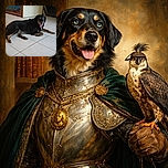 A large black and brown dog with striking blue eyes is lying comfortably on a tiled floor, tongue out as if smiling, with a cozy indoor setting including furniture and a doorway in the background.