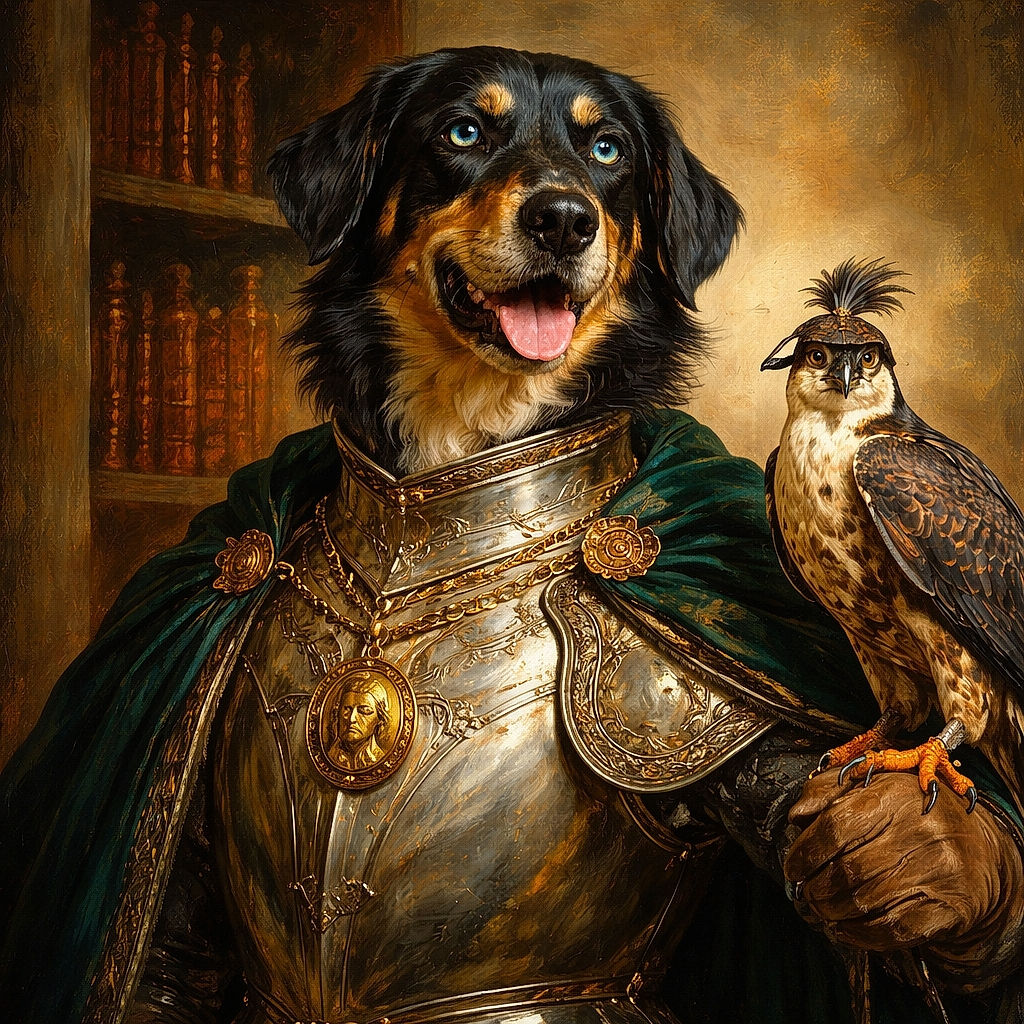A large black and brown dog with striking blue eyes is lying comfortably on a tiled floor, tongue out as if smiling, with a cozy indoor setting including furniture and a doorway in the background.
