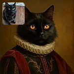 A slightly blurry photo of a black cat with striking yellow eyes sitting on a wooden floor near a patterned rug, looking up with curiosity.