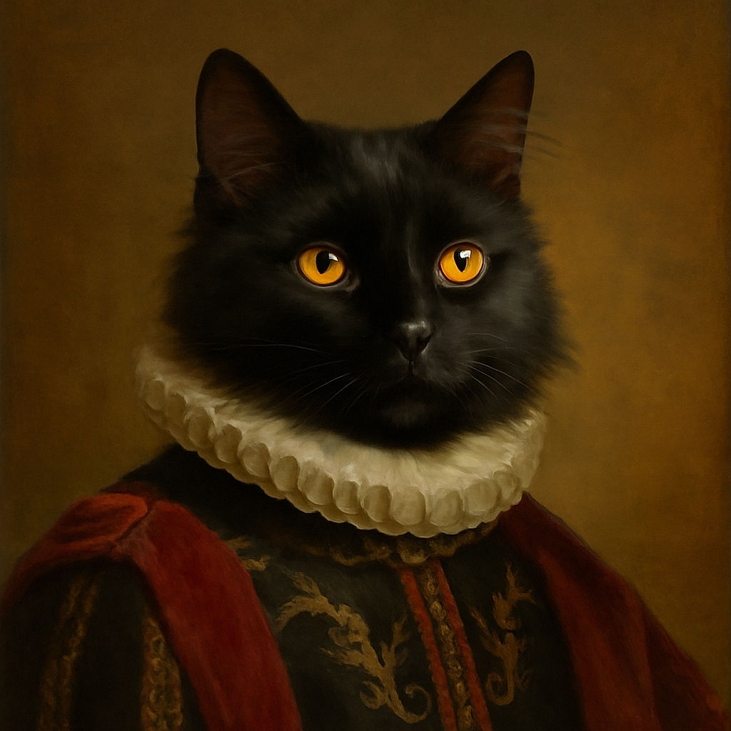 A slightly blurry photo of a black cat with striking yellow eyes sitting on a wooden floor near a patterned rug, looking up with curiosity.