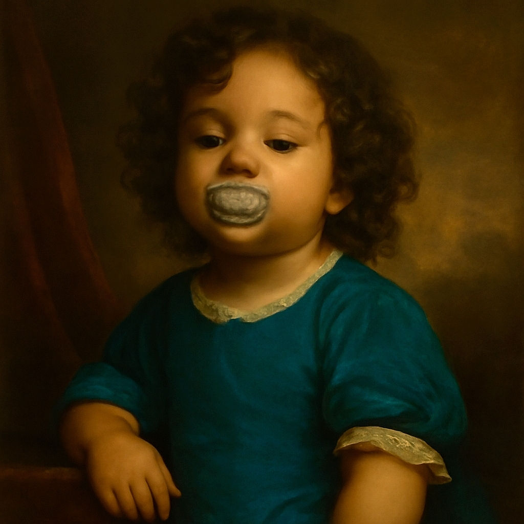 A curly-haired toddler in a blue onesie is deeply focused on coloring a whimsical clown and parrot drawing, pacifier in mouth and eyes half-closed, sitting at a small table in a cozy tiled room.