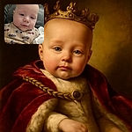 A close-up photo of a calm baby wearing a beige outfit decorated with colorful cars, resting comfortably against an adult wearing a gray hoodie. The baby looks curious and peaceful, with soft natural lighting highlighting the smooth skin and delicate features.