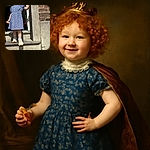 A cheerful little red-haired child stands confidently on the doorstep, gripping the door frame with one hand and holding a snack in the other, basking in bright sunlight with a big smile that lights up the scene.