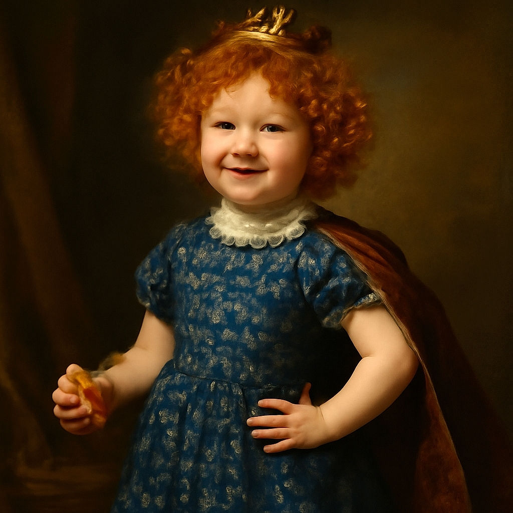 A cheerful little red-haired child stands confidently on the doorstep, gripping the door frame with one hand and holding a snack in the other, basking in bright sunlight with a big smile that lights up the scene.