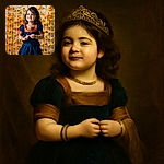 A cheerful young girl dressed in a traditional navy blue and copper outfit stands in front of a vibrant backdrop of orange flowers, smiling brightly with her hands playfully clasped.