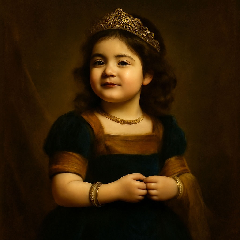 A cheerful young girl dressed in a traditional navy blue and copper outfit stands in front of a vibrant backdrop of orange flowers, smiling brightly with her hands playfully clasped.