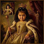 A young girl sits like a tiny royal monarch in an ornate throne, wearing a crown, fur-trimmed robe, and a very serious expression while holding a scepter. The screenshot framing and website watermark make it feel like palace portraiture interrupted by phone browsing.