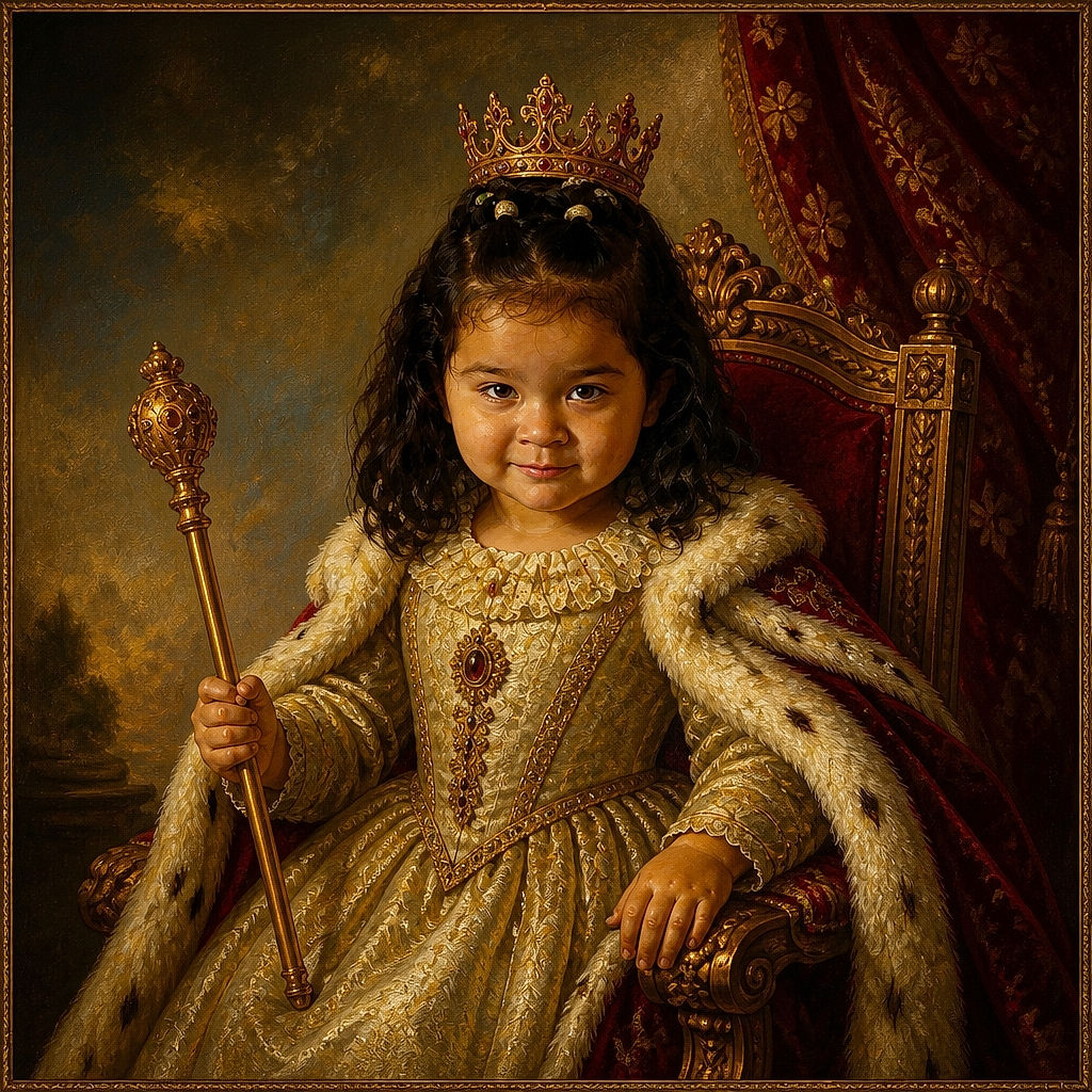 A young girl sits like a tiny royal monarch in an ornate throne, wearing a crown, fur-trimmed robe, and a very serious expression while holding a scepter. The screenshot framing and website watermark make it feel like palace portraiture interrupted by phone browsing.