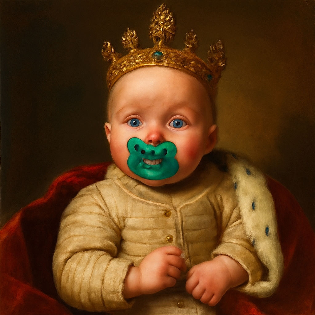 A curious baby with bright blue eyes and a blue pacifier stares wide-eyed at the camera, nestled comfortably against a patterned cushion, dressed in cozy striped pajamas, with a tiled floor in the background.