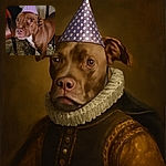 A charming brown dog wearing a purple polka-dotted party hat stands indoors on a stone floor, looking curiously at the camera with wide eyes, surrounded by cozy furniture and warm lighting.