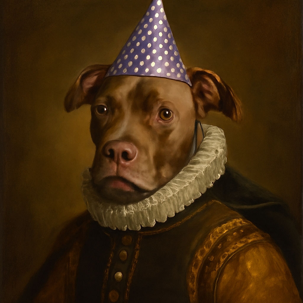 A charming brown dog wearing a purple polka-dotted party hat stands indoors on a stone floor, looking curiously at the camera with wide eyes, surrounded by cozy furniture and warm lighting.