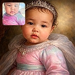 A chubby-cheeked baby wearing a shiny, pastel-colored dress with a scale-like pattern looks curiously at the camera, with soft natural light highlighting their smooth skin and wet hair.