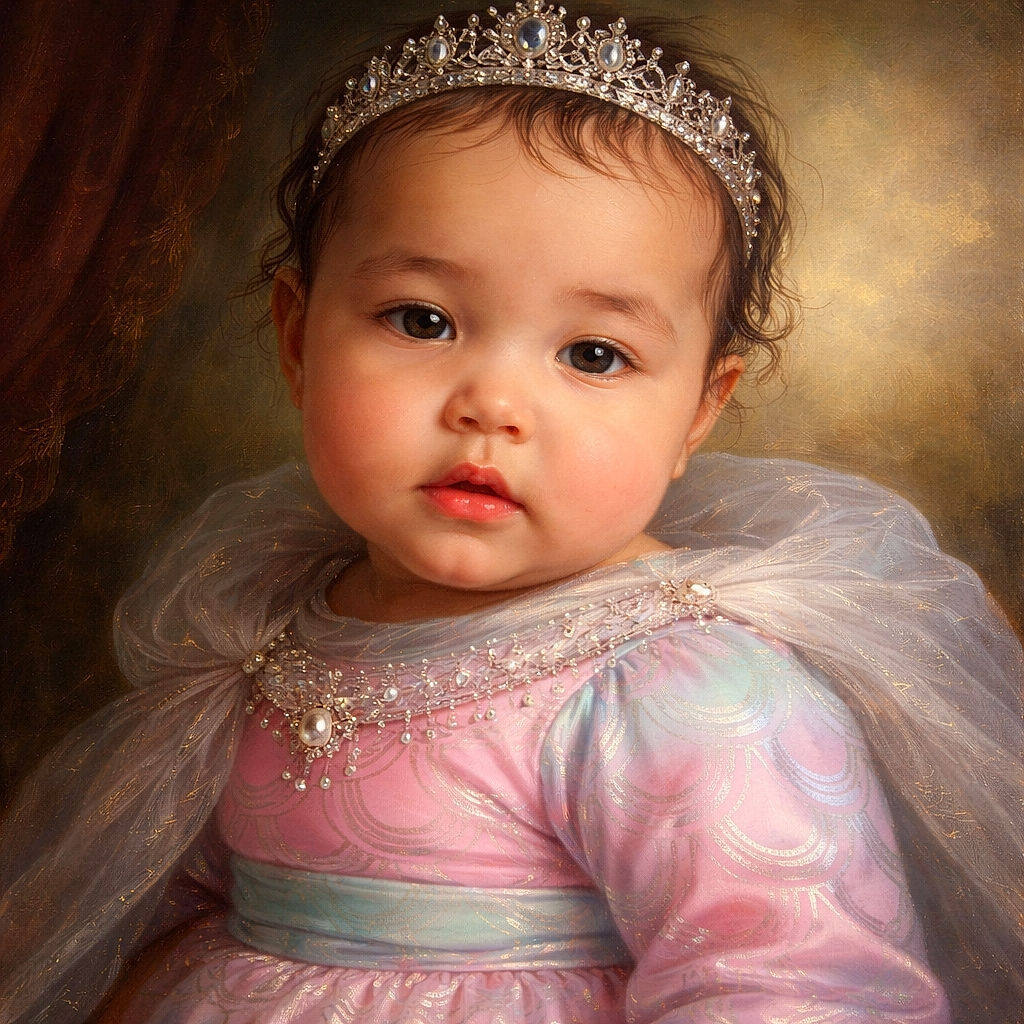 A chubby-cheeked baby wearing a shiny, pastel-colored dress with a scale-like pattern looks curiously at the camera, with soft natural light highlighting their smooth skin and wet hair.