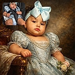 A chubby-cheeked baby wearing a big blue bow headband lounges comfortably in a black stroller, looking down with a calm expression while sporting a blue outfit and matching shoes.
