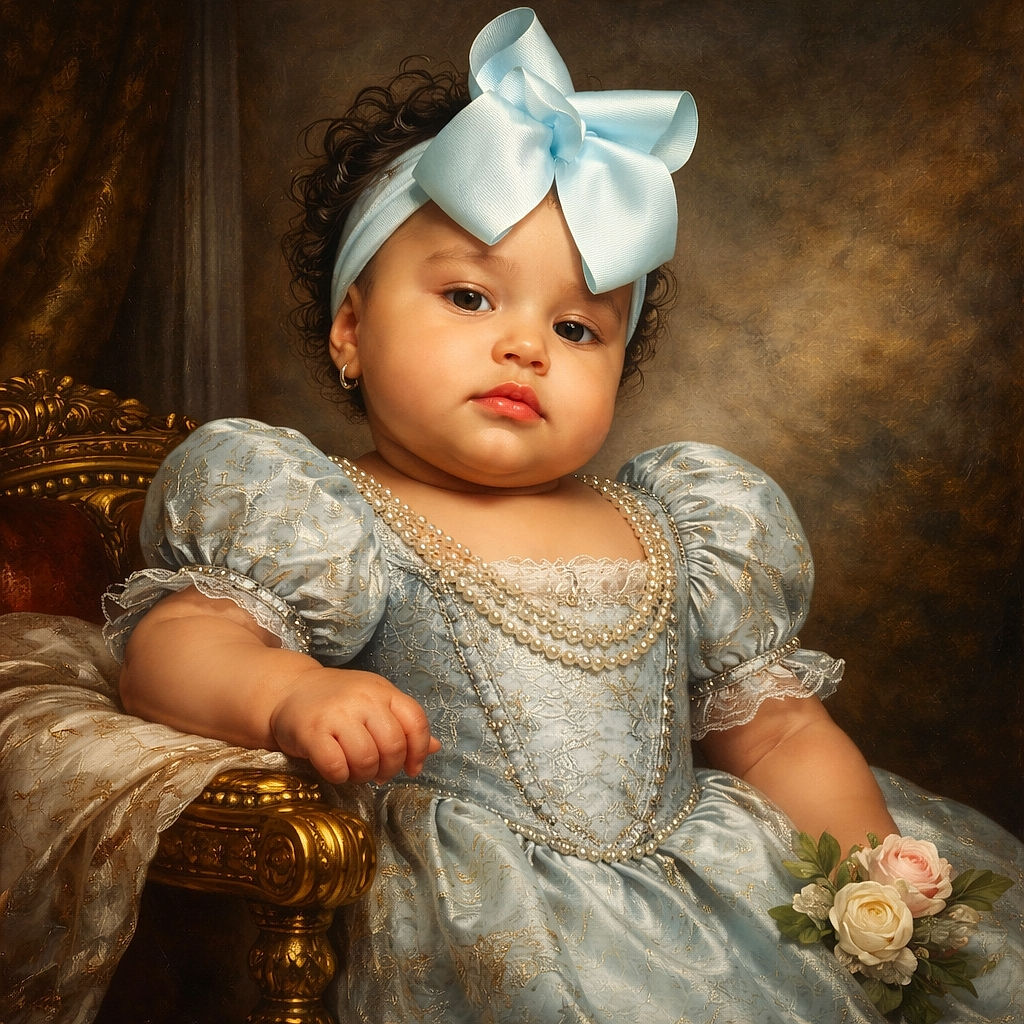 A chubby-cheeked baby wearing a big blue bow headband lounges comfortably in a black stroller, looking down with a calm expression while sporting a blue outfit and matching shoes.