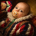 A close-up photo of a baby lying down with a pacifier in their mouth, wearing a colorful striped outfit. The baby looks calm and curious, with big eyes gazing at the camera, wrapped in a cozy setting.