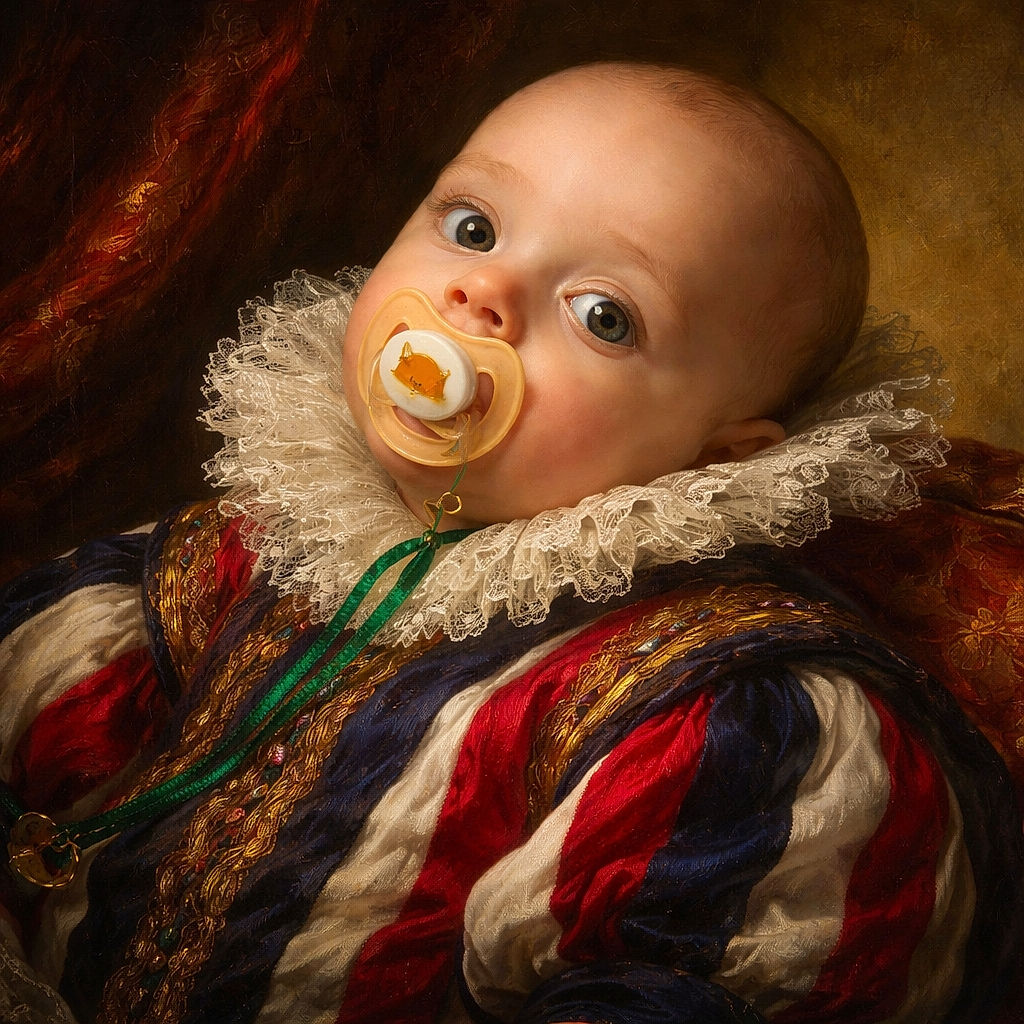 A close-up photo of a baby lying down with a pacifier in their mouth, wearing a colorful striped outfit. The baby looks calm and curious, with big eyes gazing at the camera, wrapped in a cozy setting.