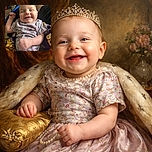 A joyful baby with a big smile is lying back comfortably, dressed in a floral onesie, with a colorful blanket and cozy surroundings adding warmth to the scene.