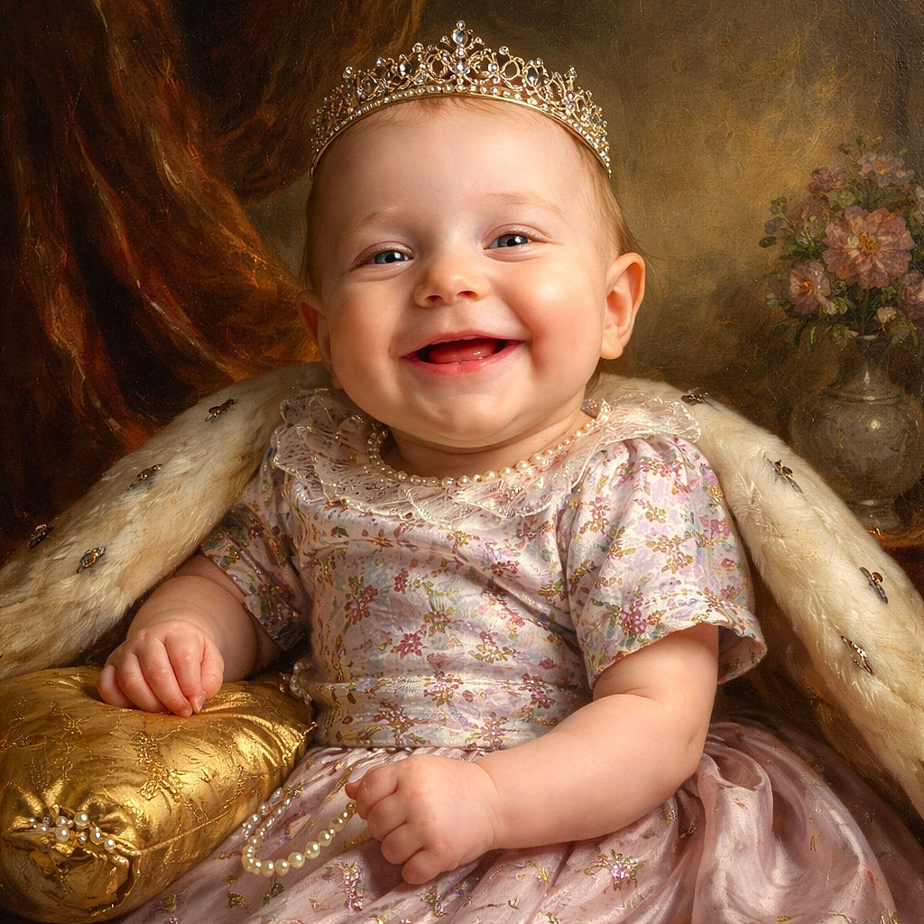 A joyful baby with a big smile is lying back comfortably, dressed in a floral onesie, with a colorful blanket and cozy surroundings adding warmth to the scene.