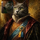 A serene gray cat with striking green eyes lounges on a green carpet, gazing upwards with curiosity. The background features a wooden cabinet and a partially visible bag, creating a cozy indoor scene.