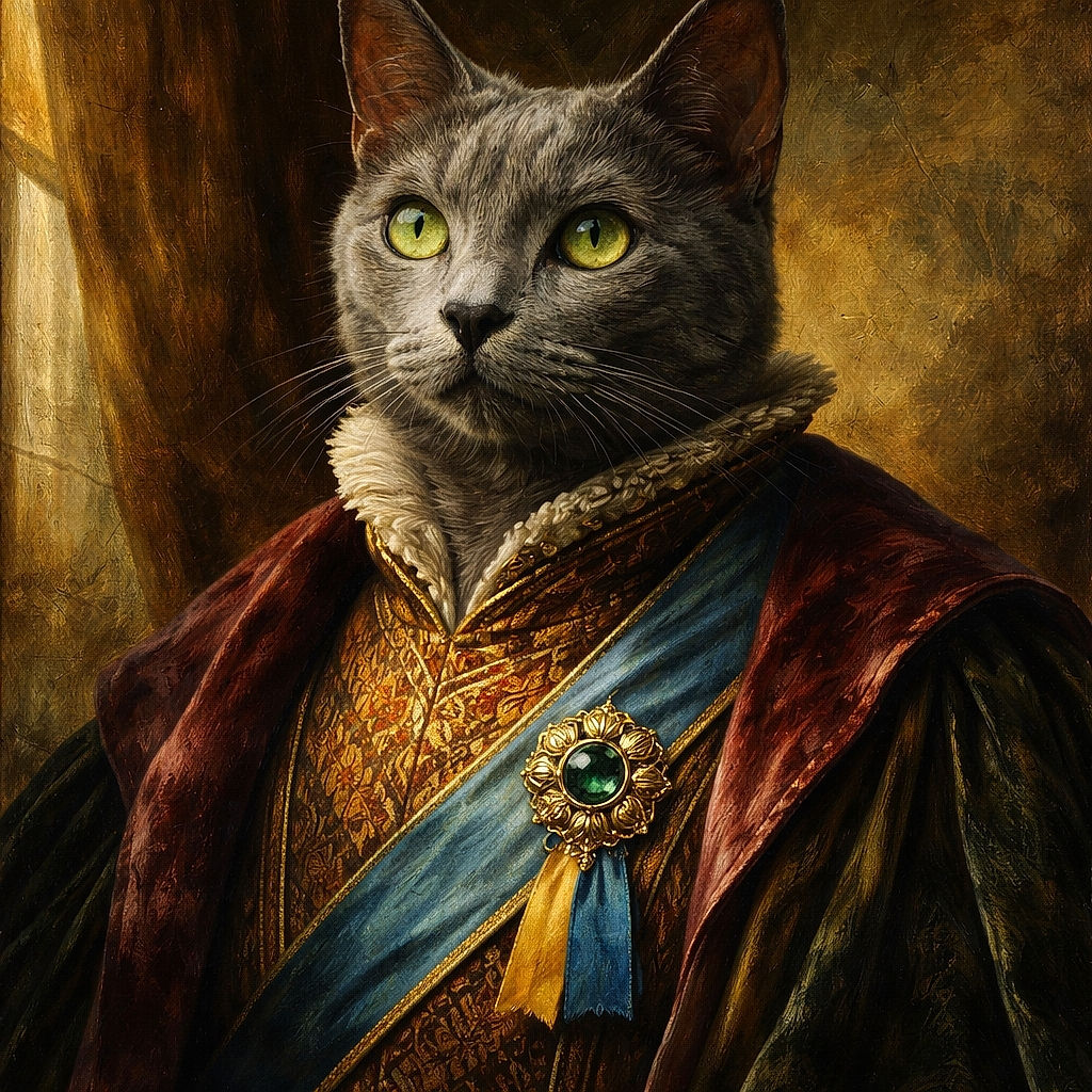 A serene gray cat with striking green eyes lounges on a green carpet, gazing upwards with curiosity. The background features a wooden cabinet and a partially visible bag, creating a cozy indoor scene.