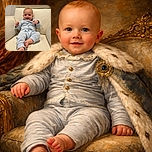 A cheerful baby in cozy blue and white striped pajamas lounges comfortably on a plush cream-colored armchair, flashing a delightful smile that could brighten anyone's day.