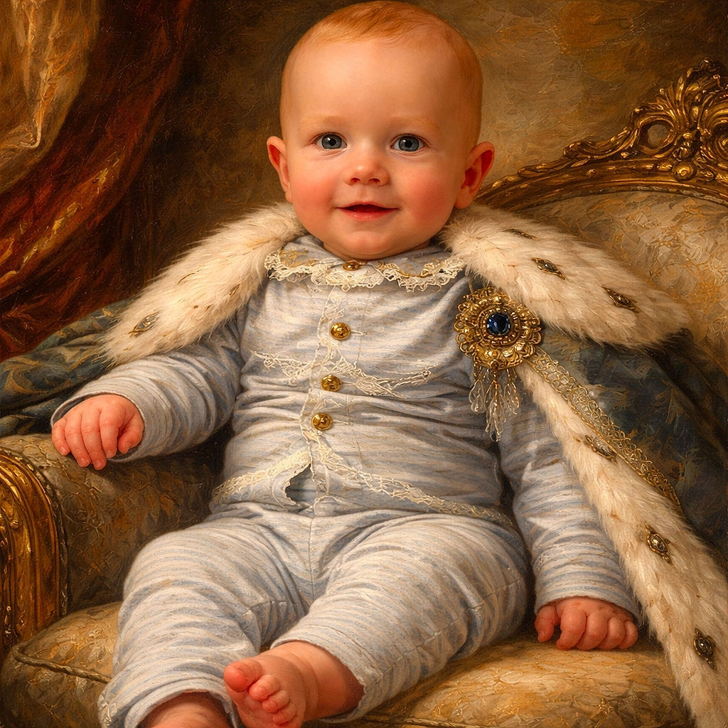 A cheerful baby in cozy blue and white striped pajamas lounges comfortably on a plush cream-colored armchair, flashing a delightful smile that could brighten anyone's day.