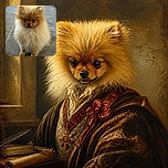 A tiny fluffy Pomeranian sits proudly on the tiled floor, looking like a miniature lion who has just been promoted to household royalty. Its enormous fur halo and shiny button eyes make it appear ready to collect treats and issue royal decrees.