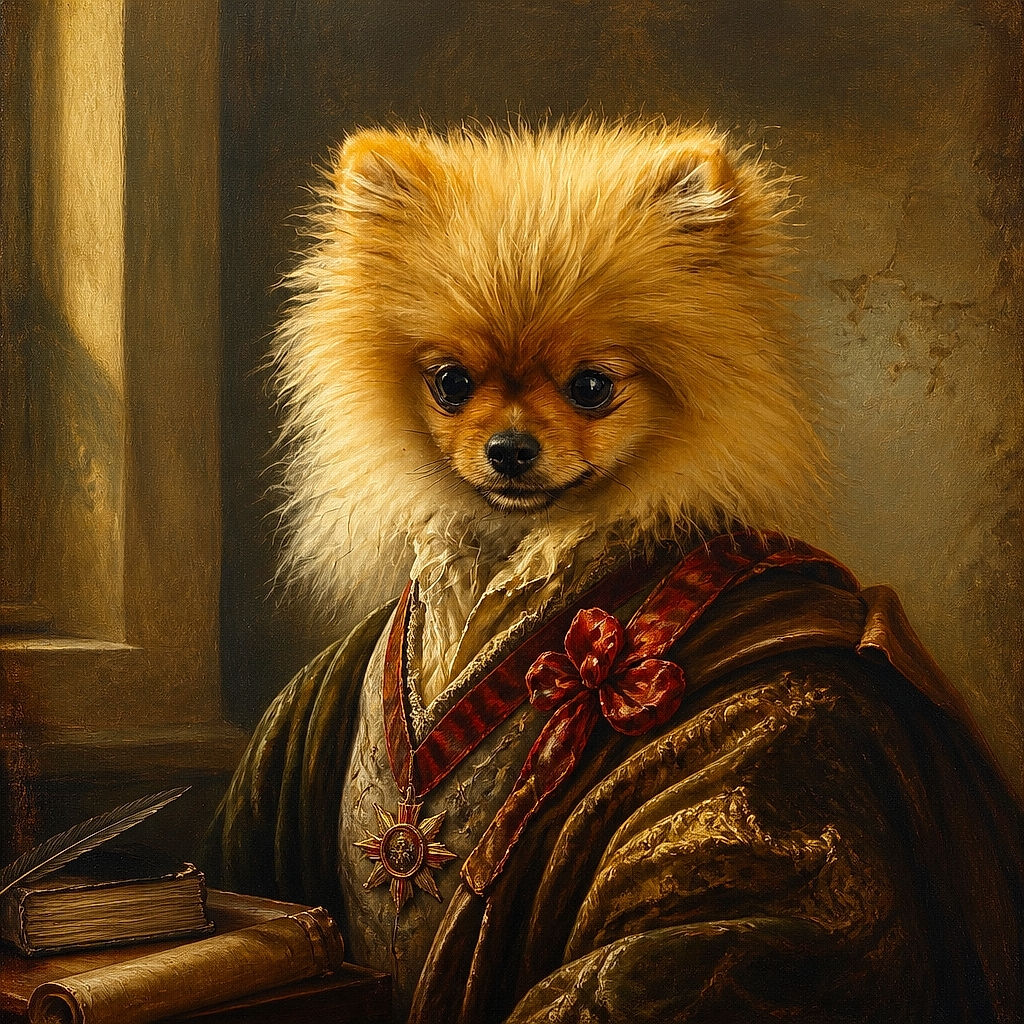 A tiny fluffy Pomeranian sits proudly on the tiled floor, looking like a miniature lion who has just been promoted to household royalty. Its enormous fur halo and shiny button eyes make it appear ready to collect treats and issue royal decrees.