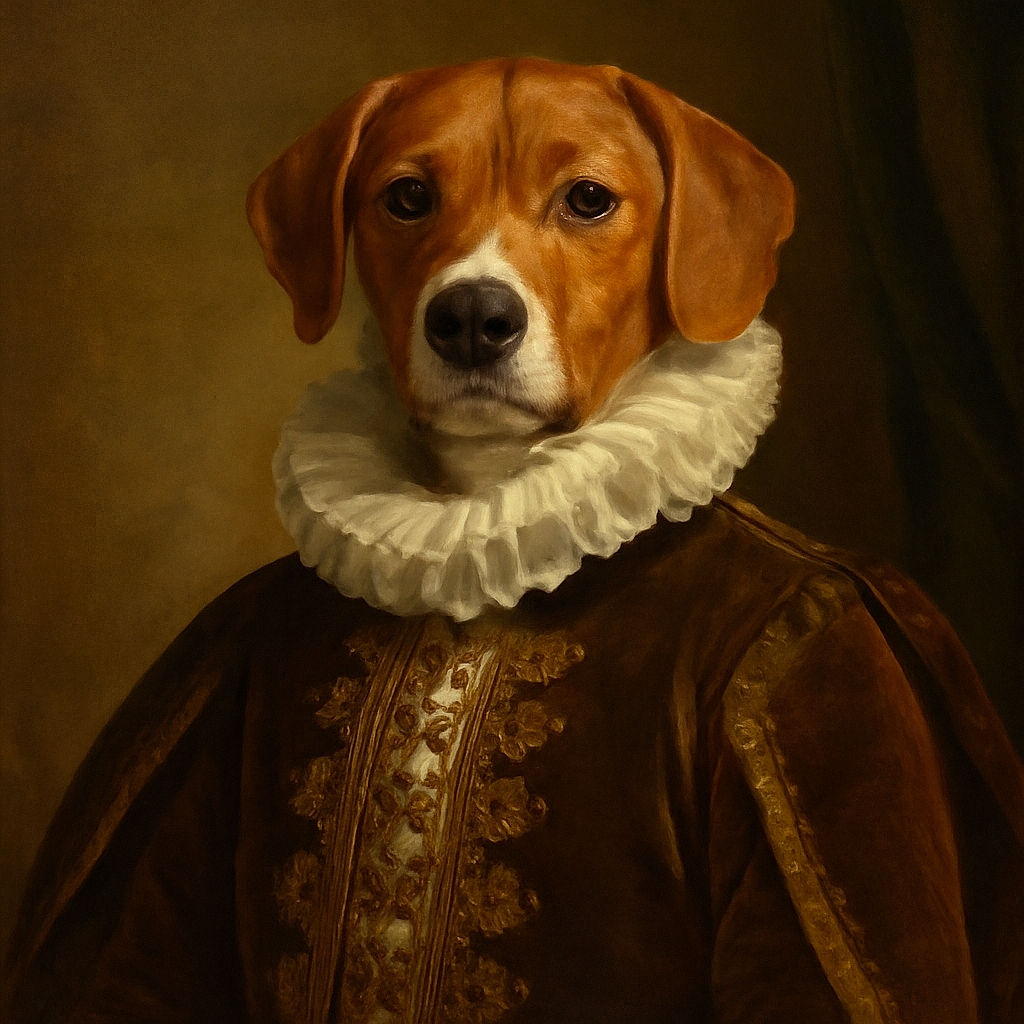 A small brown and white dog sits patiently in the corner of a tiled floor kitchen, looking curiously at the camera with a slight head tilt, surrounded by neutral walls and a vent grate.