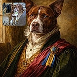 A brown and white dog with a neon yellow collar is lying on a dusty floor, looking attentively at the camera. Behind the dog, a pair of shiny black boots and a wooden table with wheels add a cozy, lived-in feel to the space. The corner of a textured fabric chair is visible in the foreground, framing the scene.