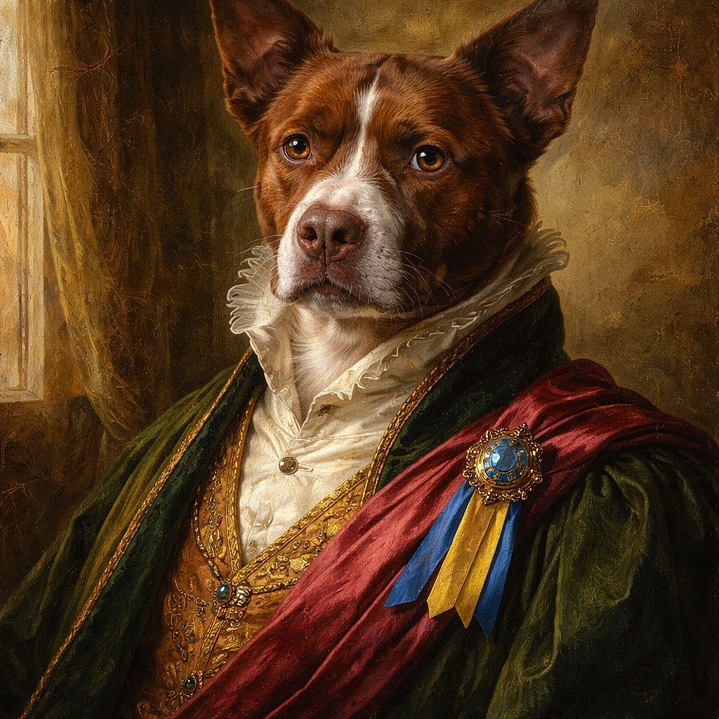 A brown and white dog with a neon yellow collar is lying on a dusty floor, looking attentively at the camera. Behind the dog, a pair of shiny black boots and a wooden table with wheels add a cozy, lived-in feel to the space. The corner of a textured fabric chair is visible in the foreground, framing the scene.