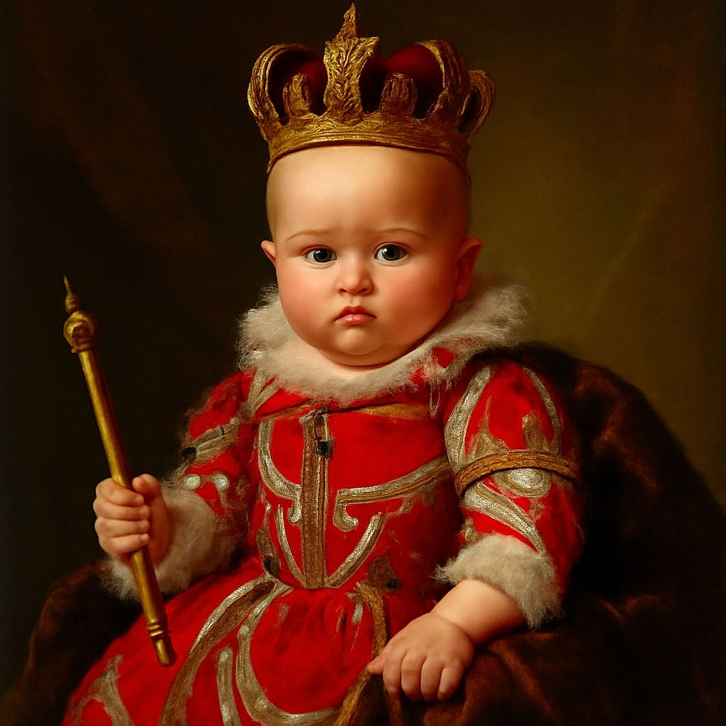 A chubby-cheeked baby in a vibrant watermelon-patterned dress is being gently held up by an adult's hands, capturing a sweet moment of early steps or play indoors with a soft-focused background.
