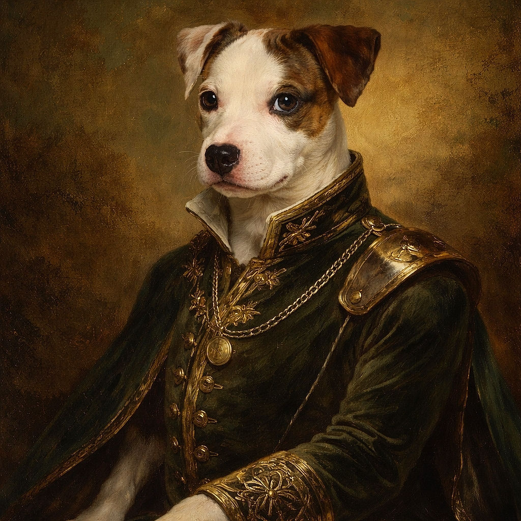 A cute puppy with a white and brown spotted coat sits adorably on a patterned mattress next to a white pillow and a crumpled towel, looking up with big, soulful eyes as if plotting its next playful move.