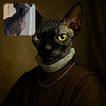 A curious Sphynx cat with large ears and striking yellow eyes stares intently at the camera, perched on a soft blue blanket in front of a sheer white curtain, showcasing its unique wrinkled skin and elegant posture.